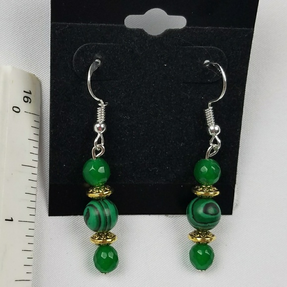 Malachite and Jade Dangle Earrings - Picture 2 of 2